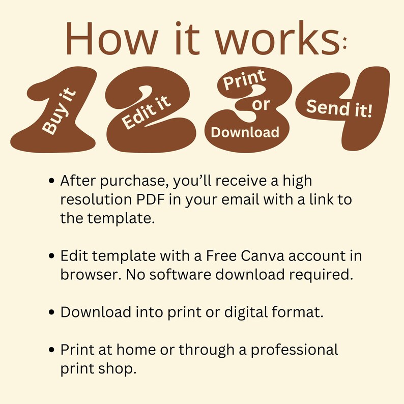 May include: How it works: 1. Buy it 2. Edit it 3. Print or Download 4. Send it! After purchase, you'll receive a high-resolution PDF in your email with a link to the template. Edit the template with a free Canva account in a web browser. No software download is required. Download into print or digital format. Print at home or through a professional print shop.