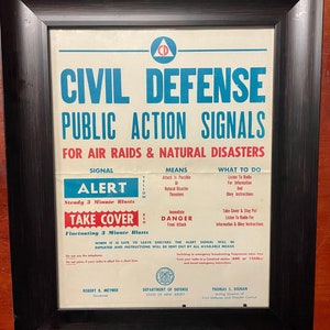 Document sur les signaux d'action publique de la défense civile des années 50 pour les raids aériens et les catastrophes naturelles