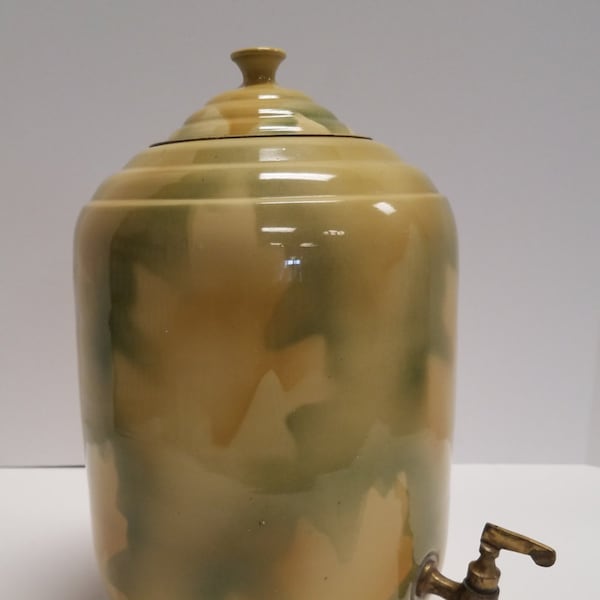 Vintage antieke koperen geschilderde vloeibare waterdrank BIJENKORF dispenser, Makers Mark "SK" op deksel & "Tip Top" op uitloop