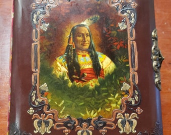 Antique Victorian, Art Nouveau  Celluloid Photo Album W/ Native American Indian,  Embossing on cover , Old Photos on inside, hand dated 1902