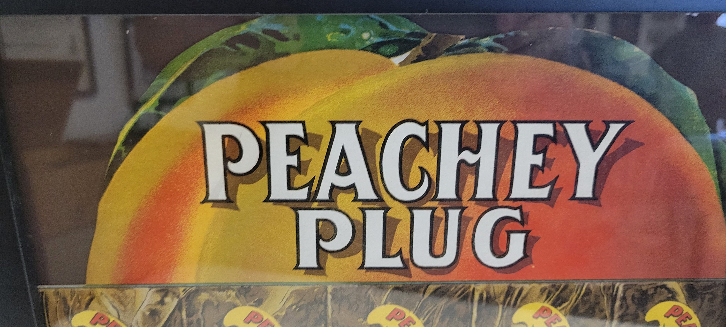 Antique, Circa 1915 Peachy Plug Tobacco for Sale Here, Lithograph Cardboard  Advertising Sign. Scotten- Dillion Company Detroit Michigan