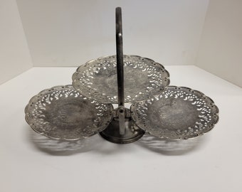 Vintage Three Tier Folding Silver Plated Trays, Cookies,  Pastries, Catering Tray,  Great  Patina,  International Silver Co.  1991.