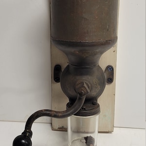 Antique Coffee Grinder,  Canister Coffee Mill, Primitive, Metal, pre 1900, with Original Threaded Glass. Working Condition.