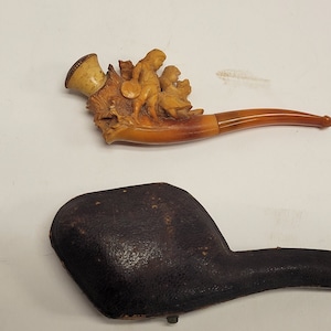 Antique 19th Century Hand Carved with Boy and Girl Meerschaum Pipe,  with Case