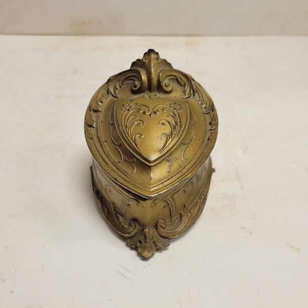 Antique Victorian / Art Nouveau Metal Box Heart / Shield shaped  and  Silk Lined  #107