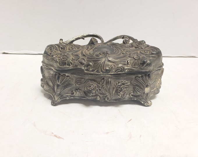 Antique Metal, Spelter Jewelry Casket, Trinket Box With Original Silk