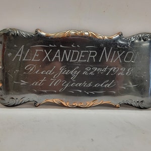 1928, Antique, Metal,  Silver (Plated ?) Casket, Coffin, Engraved Memorial Plate / Plaque Alexander  Nixon