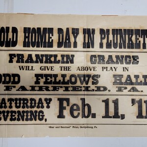 Póster publicitario antiguo original, VIEJO DÍA DEL HOGAR en Plunket, Franklin Grange, obra en Odd Fellows Hall, Fairfield Pa. 11 de febrero de 1911.
