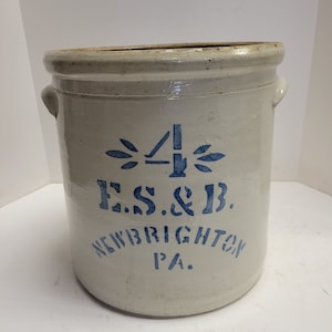 Circa 1870 E.S. & B , New Brighton, PA. 4 Gallon, cobalt, Stenciled,  Salt Glazed  stoneware Crock , Great Color