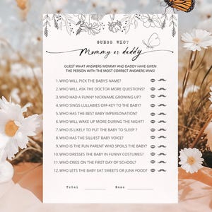 Mama oder Papa Spiel, Wildblumen-Babypartyspiele, druckbare bearbeitbare Canva-Vorlage, minimalistisches Babyparty-Trivia-Spiel, rate mal, wer es gesagt hat