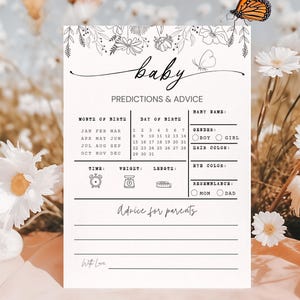 Voorspellingen en advieskaart baby, bewerkbare canvassjabloon, wilde bloemen babyshowergames, advies voor ouders, babyvoorspellingsspel afdrukbaar