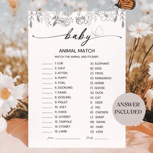 Jeu d'associations bébé animal, carte de jeu imprimable pour baby shower, jeu bébé moderne, modèle modifiable, anecdotes de baby shower fleurs sauvages Game Boy & Girl