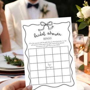 Bingo para despedida de soltera, Tarjetas en blanco, Plantilla de juegos para despedida de soltera con lazo, Juegos minimalistas para despedida de soltera, Canva imprimible y editable, Juegos para bodas