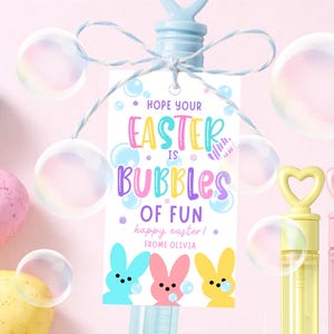 May include: An Easter-themed image with pastel-colored eggs and bubbles. A tag reads "Hope Your Easter is Bubbles of Fun" with bunny illustrations. Bubble wands in yellow and pink are also visible.