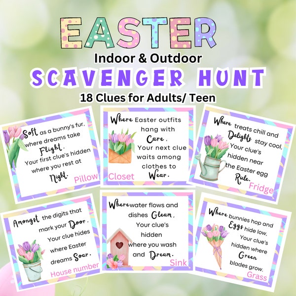 Easter Scavenger Hunt for Adults, Easter Treasure Hunt Teen, Easter Hunt Clues Adults, Indoor Outdoor Easter Activity, Easter Game Printable