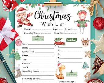 Op de afbeelding: Een kerstwensenlijst op een klembord met feestelijke illustraties. De lijst bevat secties voor favorieten, een verlanglijstje en een sectie om items toe te voegen en te wijzigen. De woorden "Christmas Wish List" staan bovenaan.