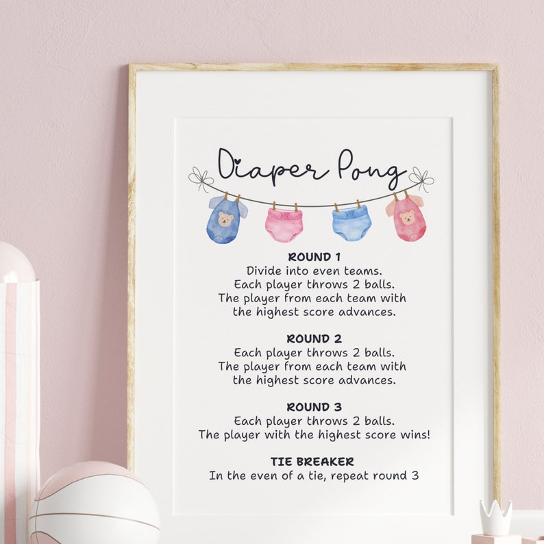 Diaper Pong Baby Shower Game, Minimalist Diaper Pong Rules Printable ...