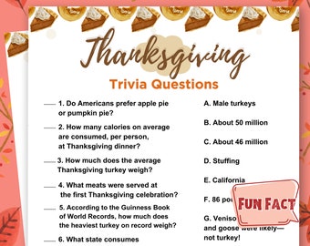 May include: Thanksgiving trivia game with questions and answers. The design features a festive theme with pie illustrations and the text "Thanksgiving Trivia Questions". Includes a "Fun Fact" bubble.