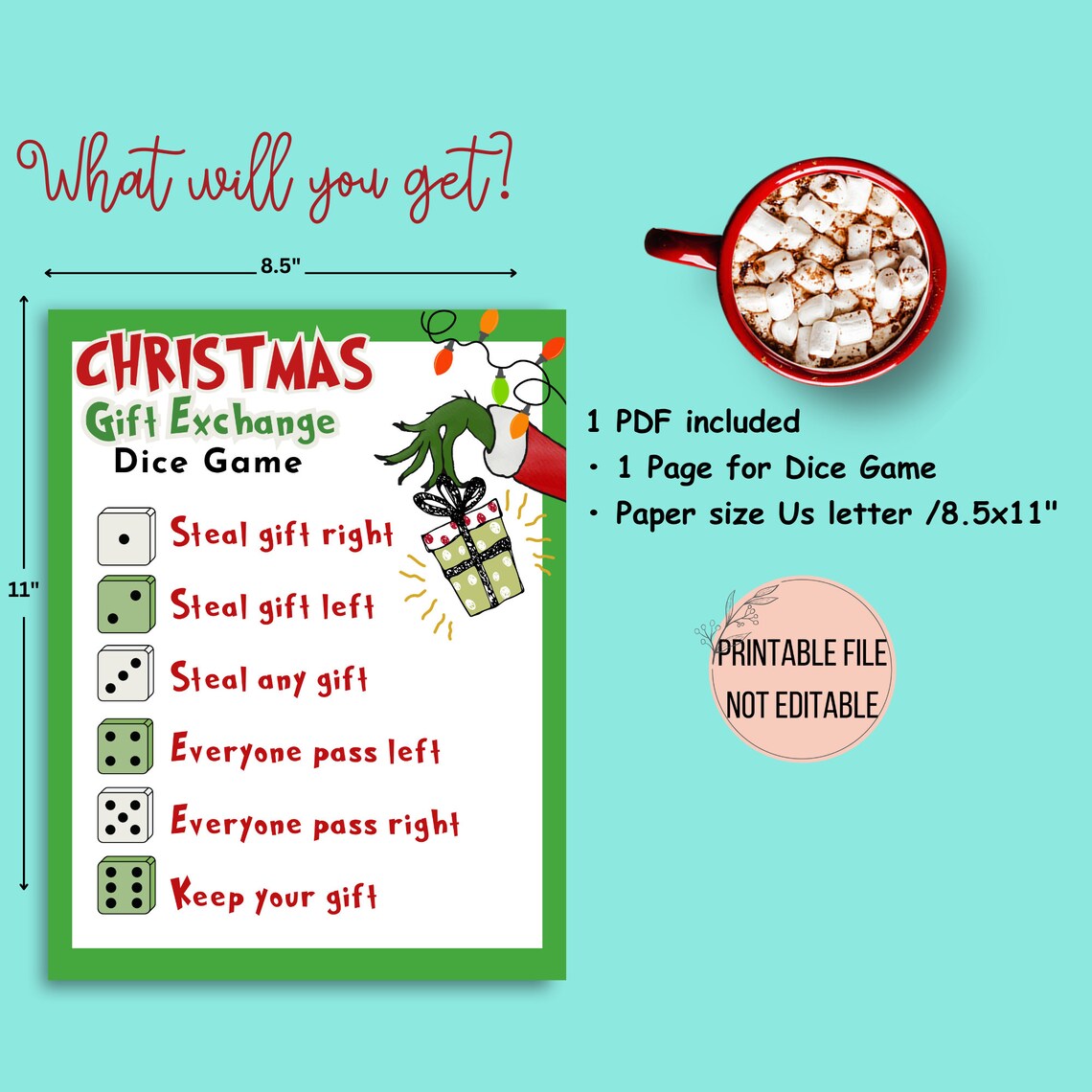 Christmas White Elephant Game, Gift Exchange Dice Game, Printable White