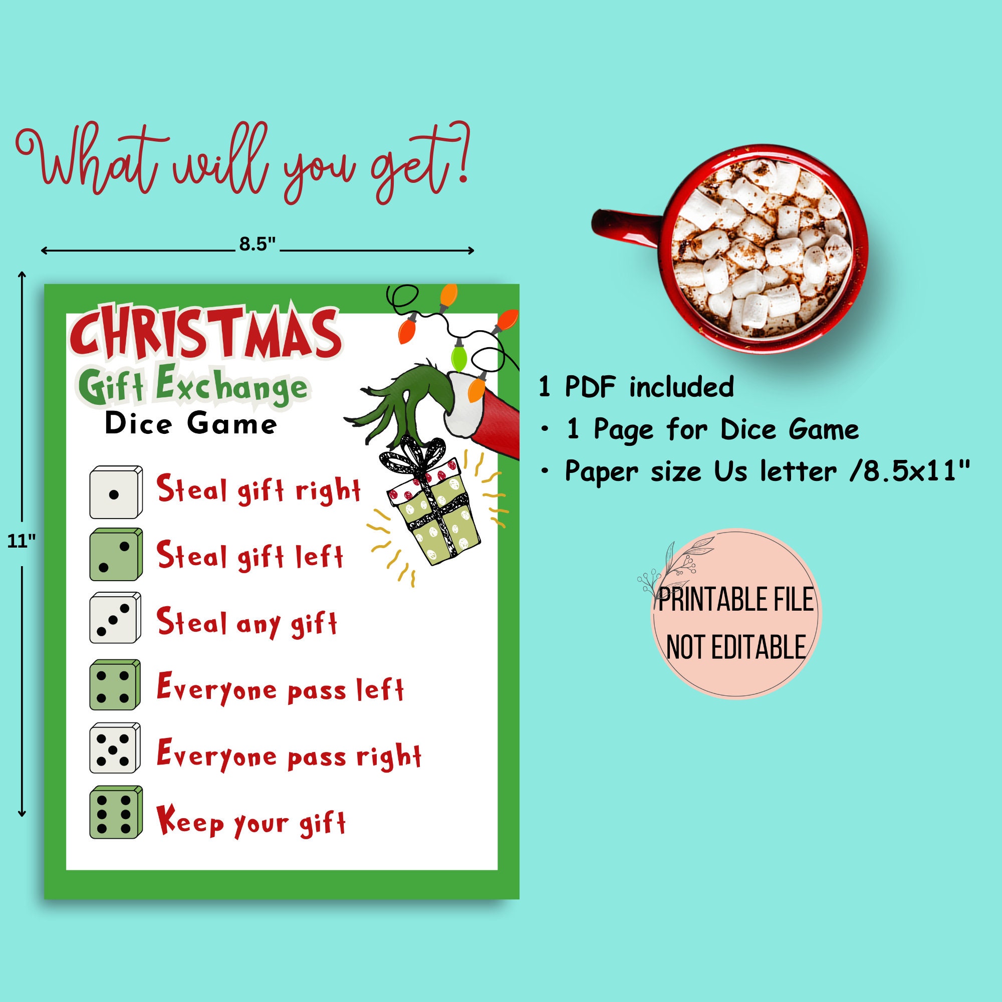 Christmas White Elephant Game Gift Exchange Dice Game Printable White christmas-white-elephant-game-gift-exchange-dice-game-printable-white