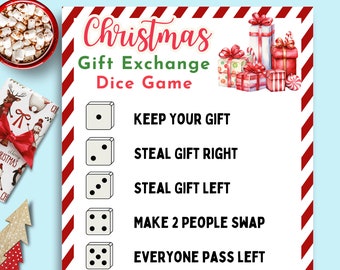 May include: A Christmas Gift Exchange Dice Game card with red and white striped borders. The game instructions are listed next to dice illustrations. A cup of hot chocolate and wrapped gifts are also visible.