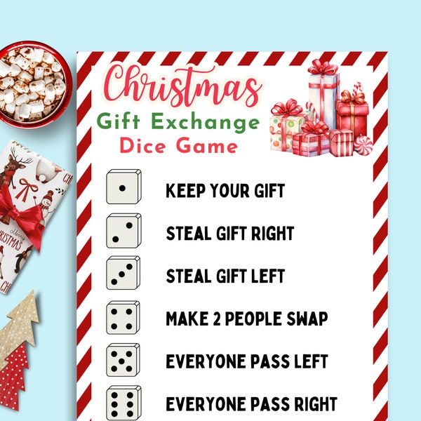 White Elephant Game, Gift Exchange Rules & Dice, Christmas Dice Game, Christmas Gift Exchange Game Large Groups, Holiday Party Games Office