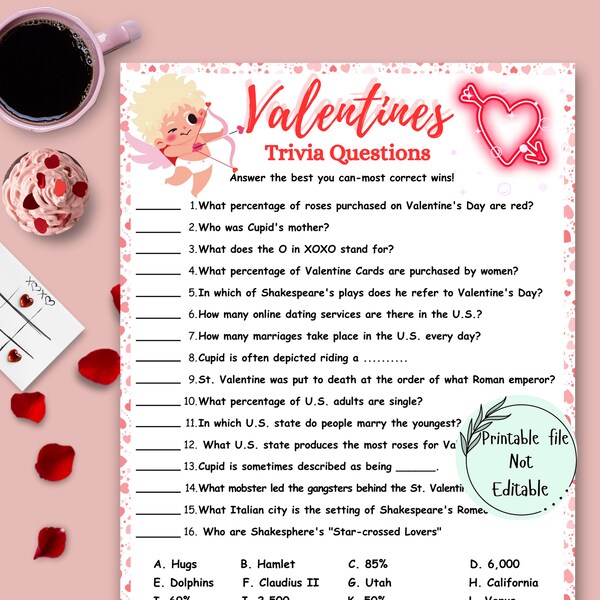 Valentines Trivia Game, Trivia Questions with Answer, Tween Valentines Day Games, Teen Valentines Party Games, Kids Valentines Games