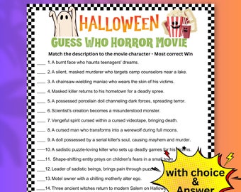 Op de afbeelding: Halloween-thema spel met de titel "Guess Who Horror Movie". Het spel bevat beschrijvingen van horrorfilmkarakters die overeenkomen met het juiste antwoord. Bevat popcorn-afbeeldingen en een spookafbeelding.