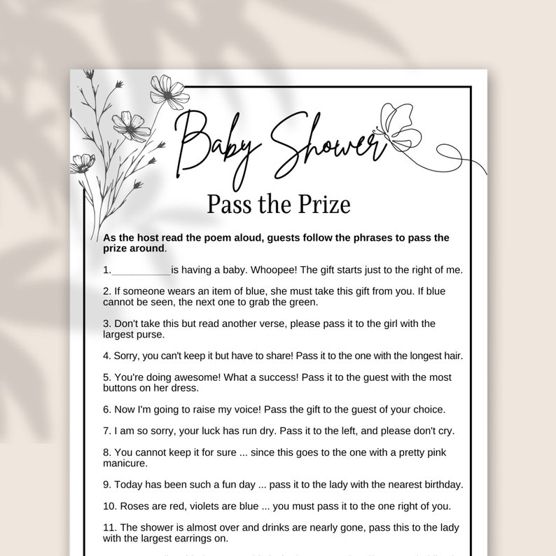 Pass the Prize, Baby Shower Games Printable, Minimalist Baby Shower ...
