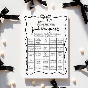 Bingo para encontrar al invitado en la despedida de soltera, plantilla de juegos para despedida de soltera con lazo, juegos imprimibles y editables para despedidas de soltera, tarjetas de juegos para despedidas de soltera