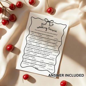 May include: A printable wedding trivia game with 10 questions about wedding traditions. The questions are printed in black text on a white background. The title of the game is "Wedding Trivia" and the text "Answer Included" is printed at the bottom of the page.