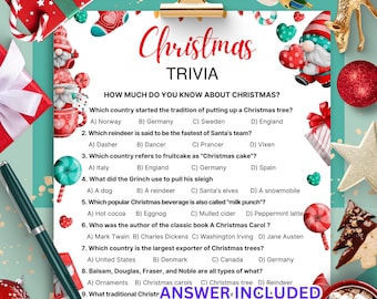 May include: A Christmas trivia quiz with multiple choice questions about Christmas traditions, reindeer, and Christmas cake. The quiz includes questions about the origin of eggnog and the largest exporter of Christmas trees.
