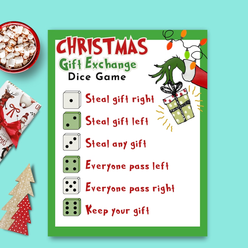 Christmas White Elephant Game Gift Exchange Dice Game Printable White christmas-white-elephant-game-gift-exchange-dice-game-printable-white