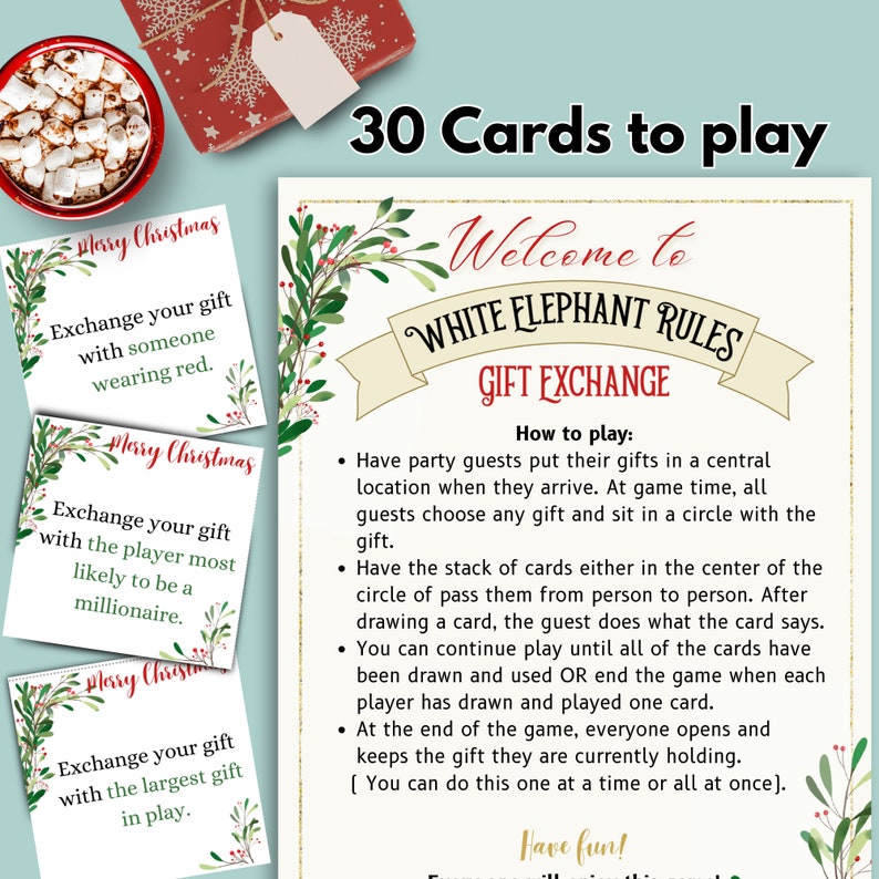 White Elephant Game, Gift Exchange Game Rules, White Elephant Rule & Cards, Pass the Gift Game
