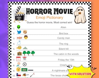 May include: A Horror Movie Emoji Pictionary game sheet with a black and white checkered border. The game includes movie titles to guess, such as "Alien" and "Friday the 13th". The sheet has a "With Solution" sticker.