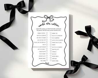 Would She Rather Game, Bow Bridal Shower Game Template, Minimalist Bachelorette Game Printable Editable, Wedding Game, Bride Trivia Question