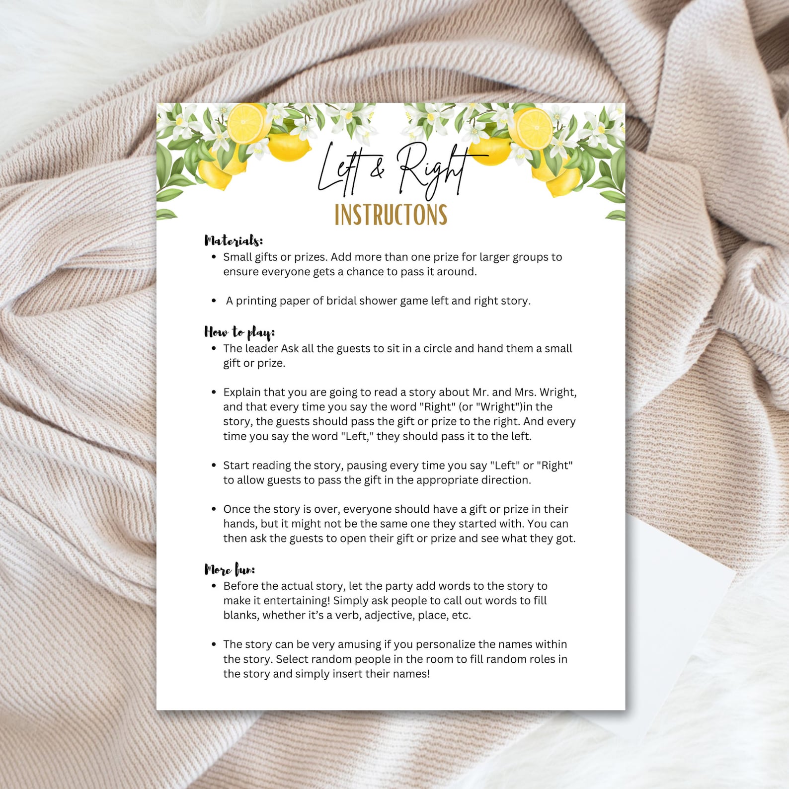 Left Right Bridal Shower Game, Left or Right Game, Bridal Shower Prize