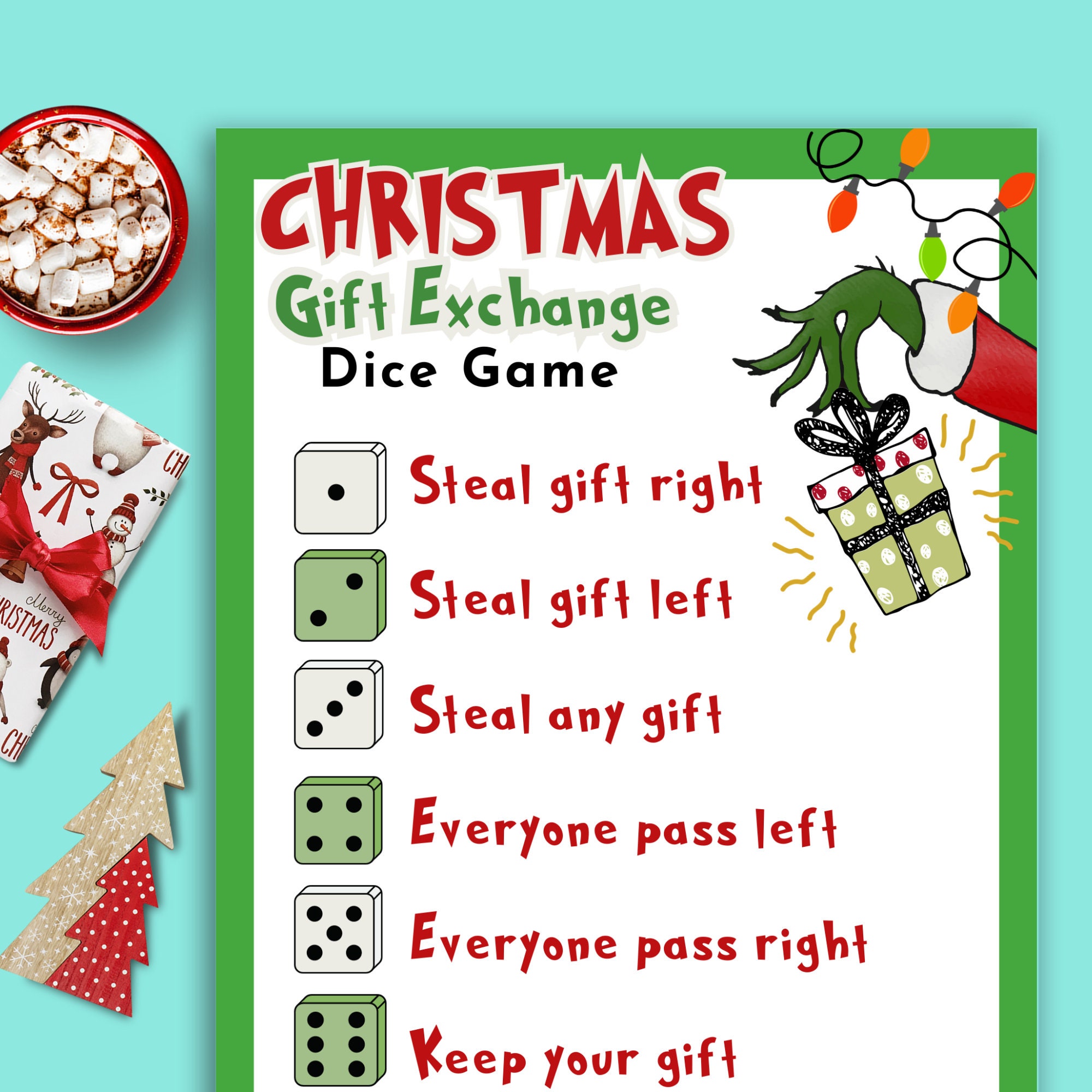 Christmas White Elephant Game Gift Exchange Dice Game Printable White