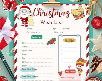 Può includere: Un elenco dei desideri di Natale stampabile con un bordo a strisce rosso e bianco. L'elenco include sezioni per il nome, l'età, la classe, la taglia dei vestiti, la taglia delle scarpe e un elenco dei preferiti. C'è anche una sezione per un elenco dei desideri con spazio per cinque articoli e una sezione per un elenco dei desideri della stanza con spazio per tre articoli.