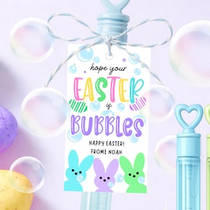 May include: An Easter-themed image with pastel colors. A tag reads "hope your Easter is BUBBLES" with bunny illustrations. Bubbles and bubble wands with heart-shaped handles are also visible. Easter eggs in pastel colors are in the background.