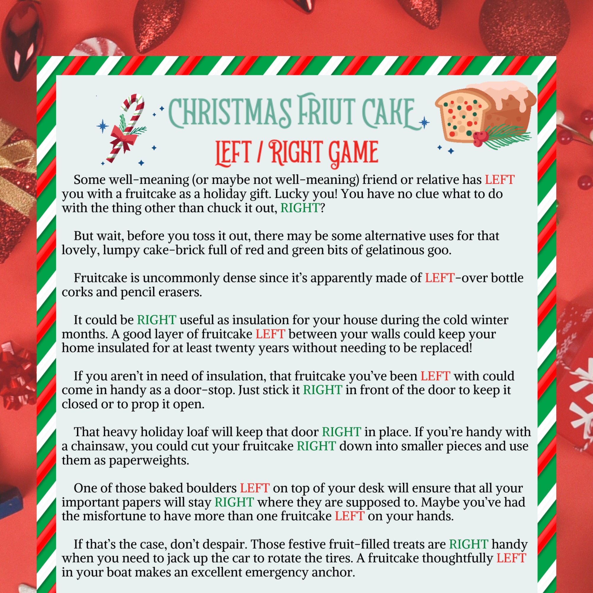 Christmas Right Left Game Fruitcake Funny Stories Pass the - Etsy