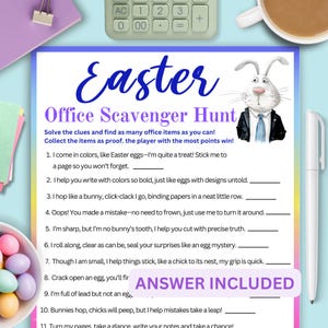 May include: A printable Easter office scavenger hunt game with a cartoon bunny wearing a suit and tie. The game includes 11 clues to find office supplies. The text "ANSWER INCLUDED" is at the bottom of the page.