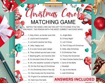 May include: A printable Christmas Carol matching game with 17 song lyrics and titles. The game features a festive design with gnomes, candy canes, and a Christmas tree.