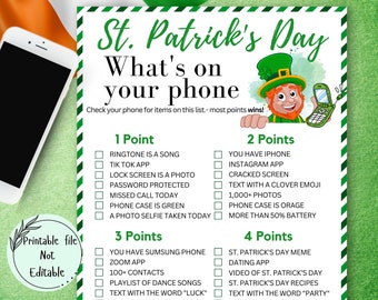 St Patrick's Day What's in Your Phone Game, St Patrick's Day Games Printable, St Patrick's Bachelorette Games, St Patty's Day Dinking Game