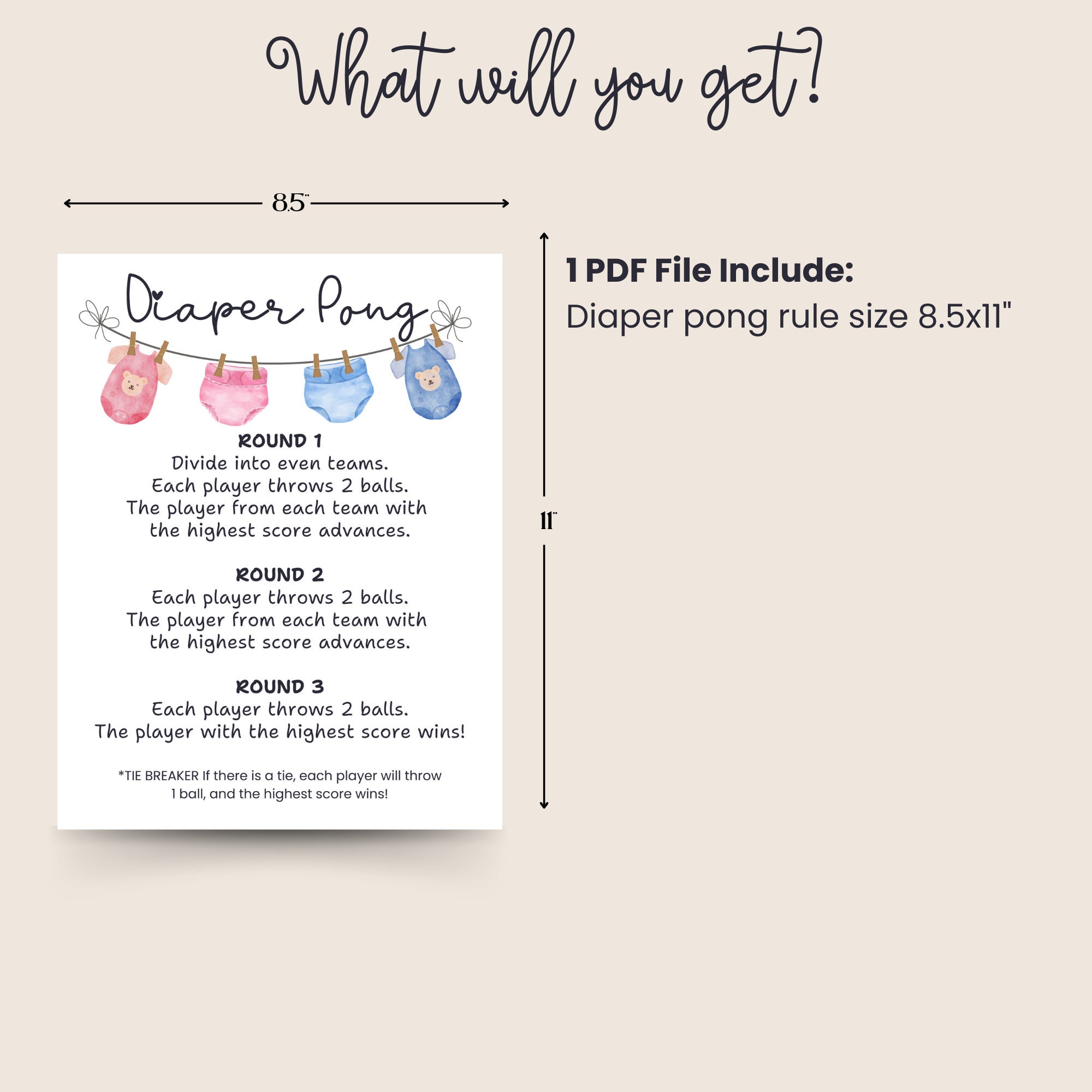 Diaper Pong Baby Shower Game, Minimalist Diaper Pong Rules Printable ...