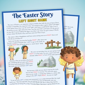 May include: Illustrated children's book page with colorful cartoon characters and text explaining the Easter story. The text includes the words "Left" and "Right" and encourages readers to play a game while learning about the story of Jesus Christ.