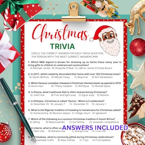 Jogos de curiosidades de Natal, perguntas de curiosidades de Natal, jogo de curiosidades de férias para imprimir, jogo de festa de Natal, jogos de Natal para adultos da família negra