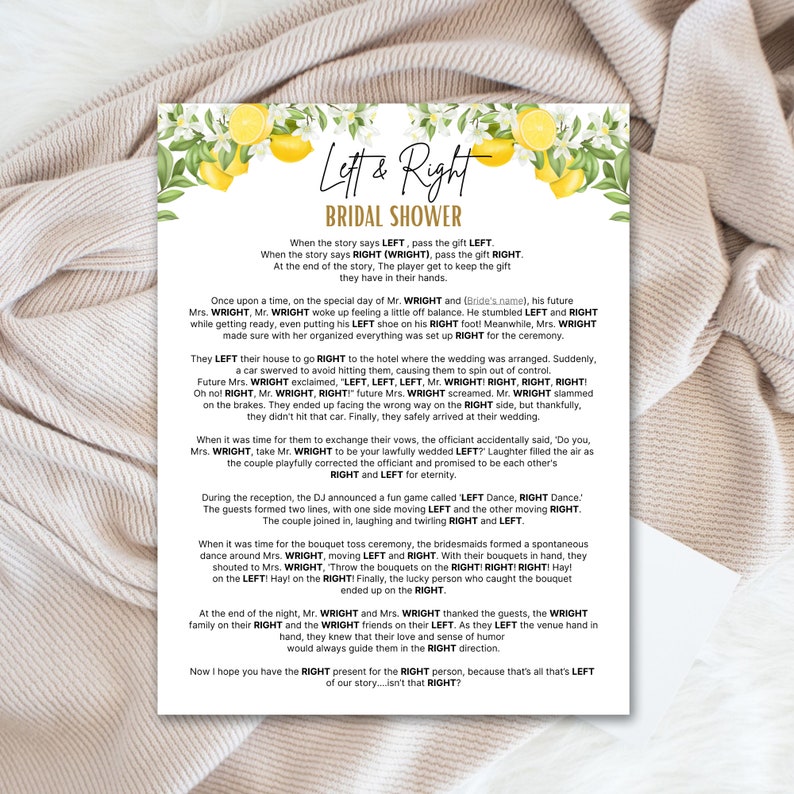 Left Right Bridal Shower Game, Left or Right Game, Bridal Shower Prize