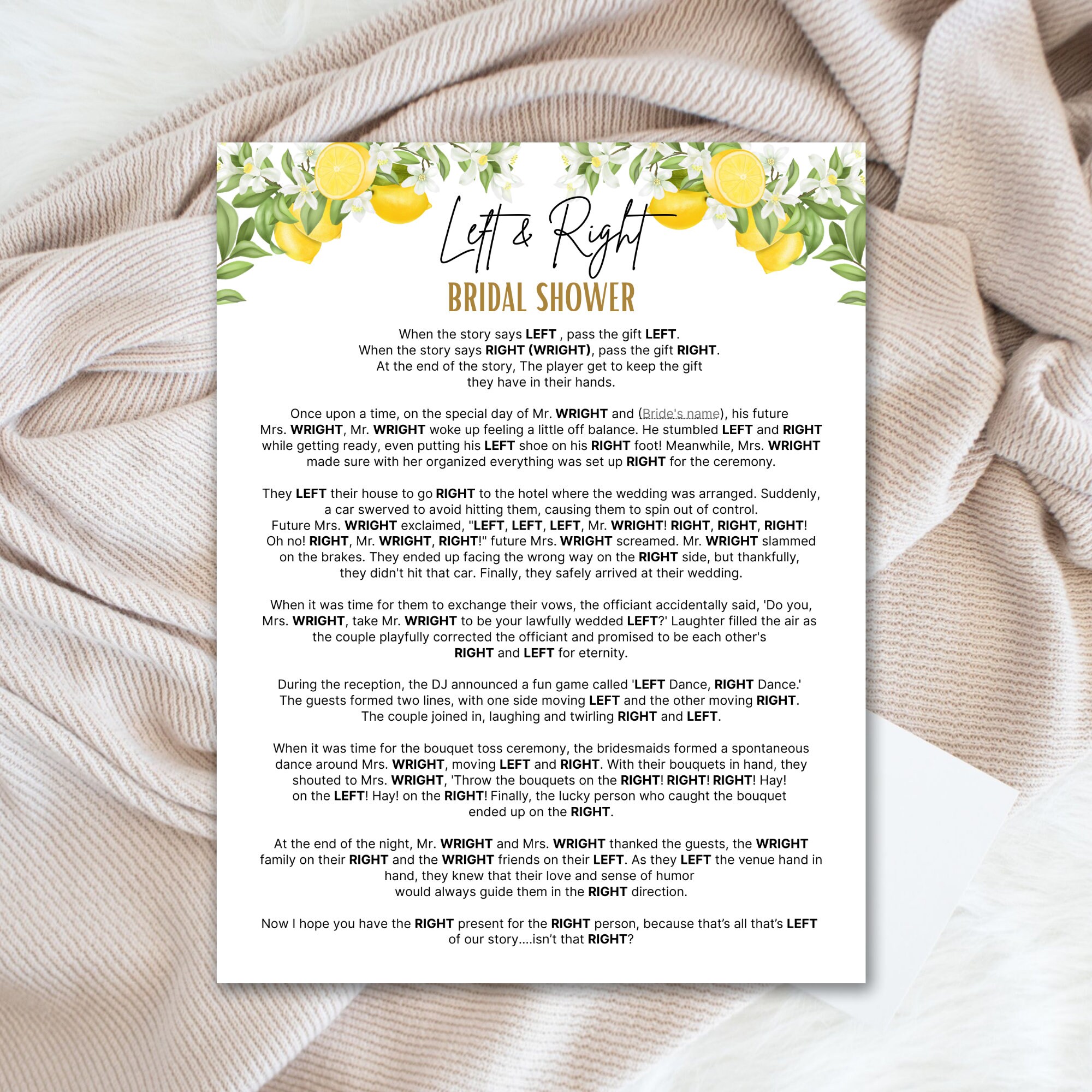 Left Right Bridal Shower Game, Left or Right Game, Bridal Shower Prize ...