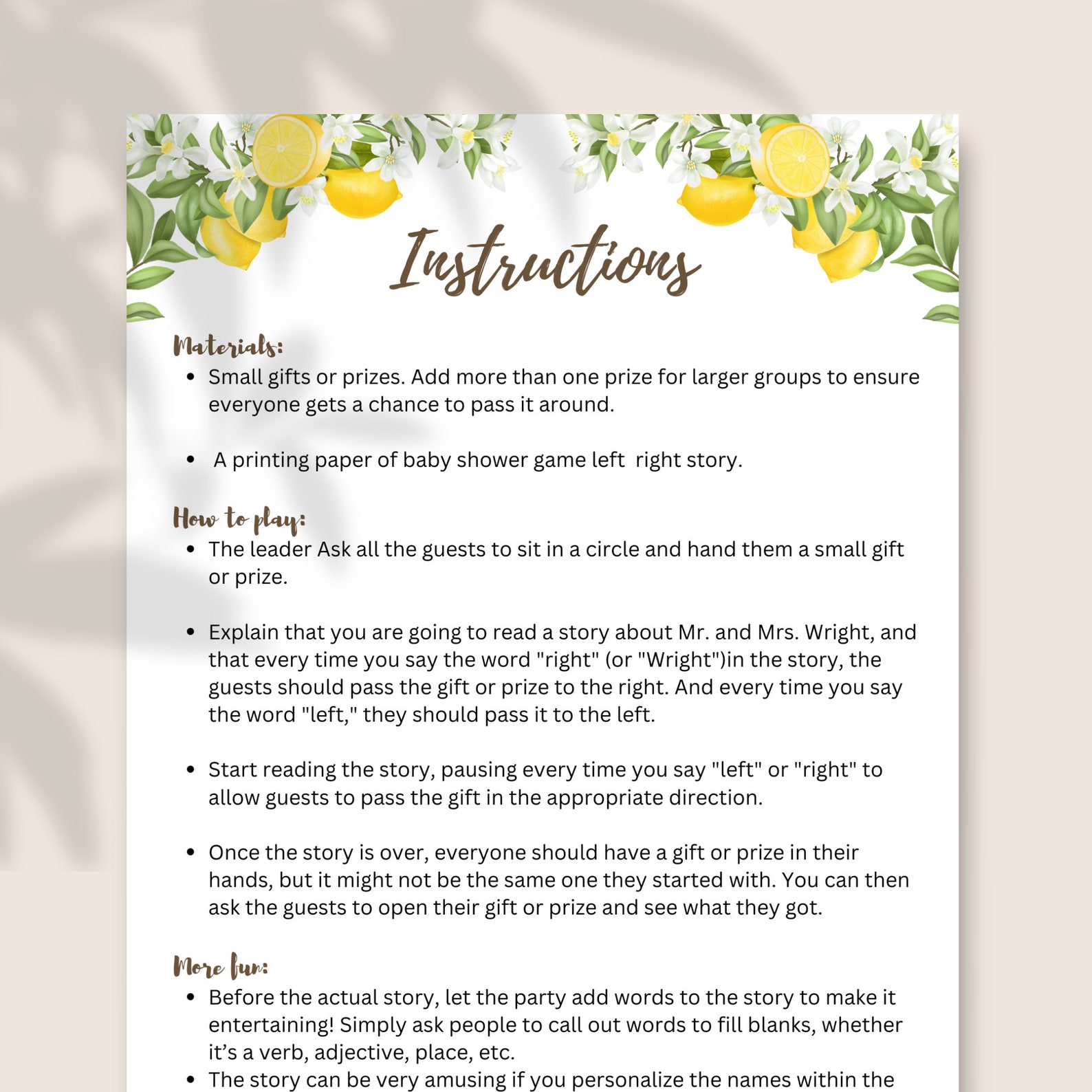 Left Right Baby Shower Games, Lemon Baby Shower, Pass the Prize, Summer Baby Shower Game ...